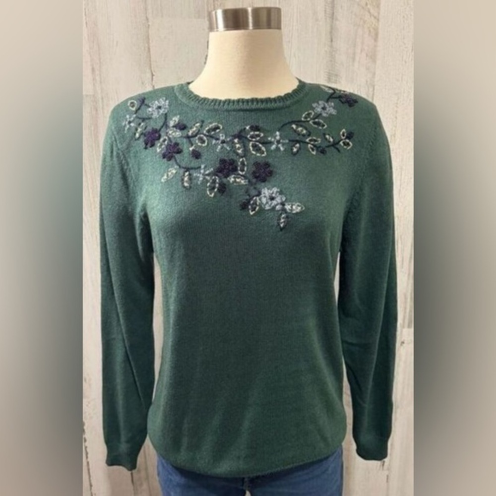 Vintage Beaded Floral Knit‎ Sweater Green Embroidered Pullover small